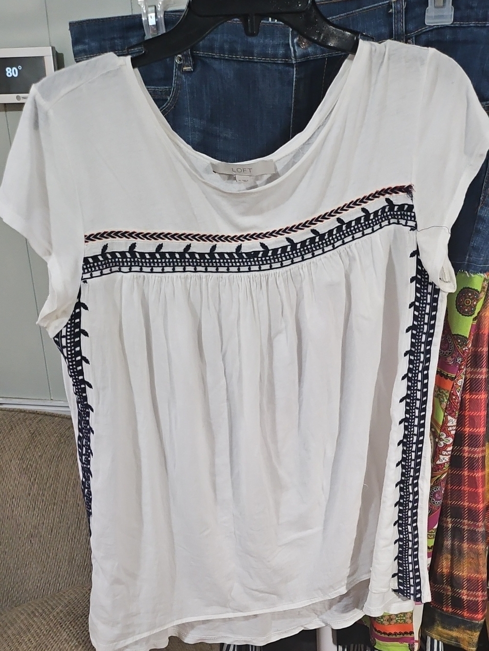 LOFT White Short Sleeve Tunic with Navy Embroidery